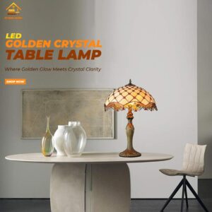 Golden Crystal LED Table Lamp | Umbrella-Shaped Elegant Masterpiece for Radiant Ambiance and Timeless Style in Any Space for Home & Office Decor
